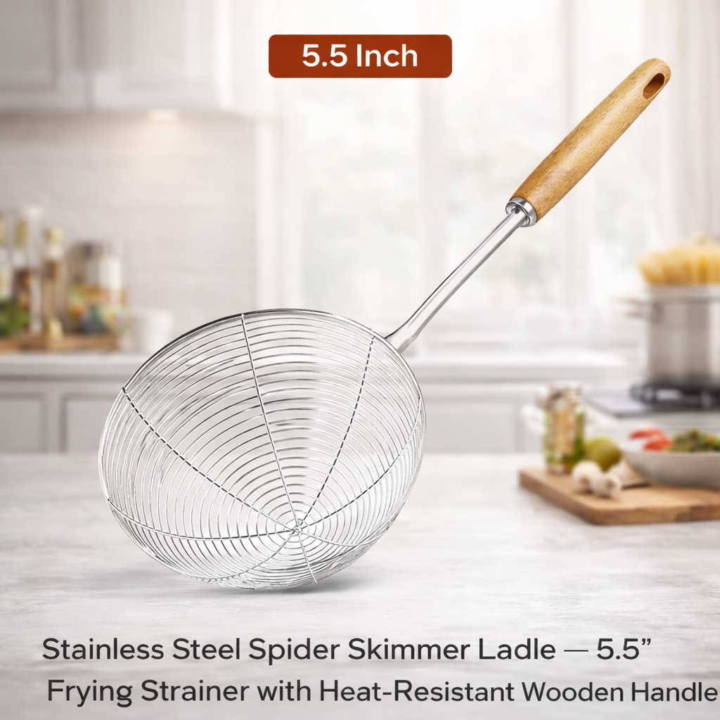 🥄🥄✨𝑺𝒕𝒂𝒊𝒏𝒍𝒆𝒔𝒔 𝑺𝒕𝒆𝒆𝒍 𝑺𝒑𝒊𝒅𝒆𝒓 𝑺𝒌𝒊𝒎𝒎𝒆𝒓 𝑳𝒂𝒅𝒍𝒆 – 5.5" 𝑭𝒓𝒚𝒊𝒏𝒈 𝑺𝒕𝒓𝒂𝒊𝒏𝒆𝒓 𝒘𝒊𝒕𝒉 𝑯𝒆𝒂𝒕-𝑹𝒆𝒔𝒊𝒔𝒕𝒂𝒏𝒕 𝑾𝒐𝒐𝒅𝒆𝒏 𝑯𝒂𝒏𝒅𝒍𝒆