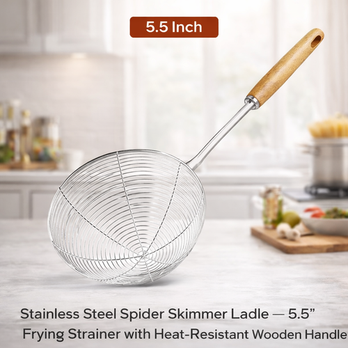 🥄🥄✨𝑺𝒕𝒂𝒊𝒏𝒍𝒆𝒔𝒔 𝑺𝒕𝒆𝒆𝒍 𝑺𝒑𝒊𝒅𝒆𝒓 𝑺𝒌𝒊𝒎𝒎𝒆𝒓 𝑳𝒂𝒅𝒍𝒆 – 5.5" 𝑭𝒓𝒚𝒊𝒏𝒈 𝑺𝒕𝒓𝒂𝒊𝒏𝒆𝒓 𝒘𝒊𝒕𝒉 𝑯𝒆𝒂𝒕-𝑹𝒆𝒔𝒊𝒔𝒕𝒂𝒏𝒕 𝑾𝒐𝒐𝒅𝒆𝒏 𝑯𝒂𝒏𝒅𝒍𝒆