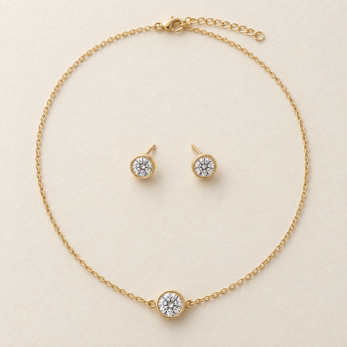 Amara Round Bezel Moissanite Necklace & Stud Set