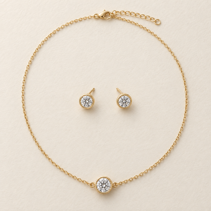 Amara Round Bezel Moissanite Necklace & Stud Set