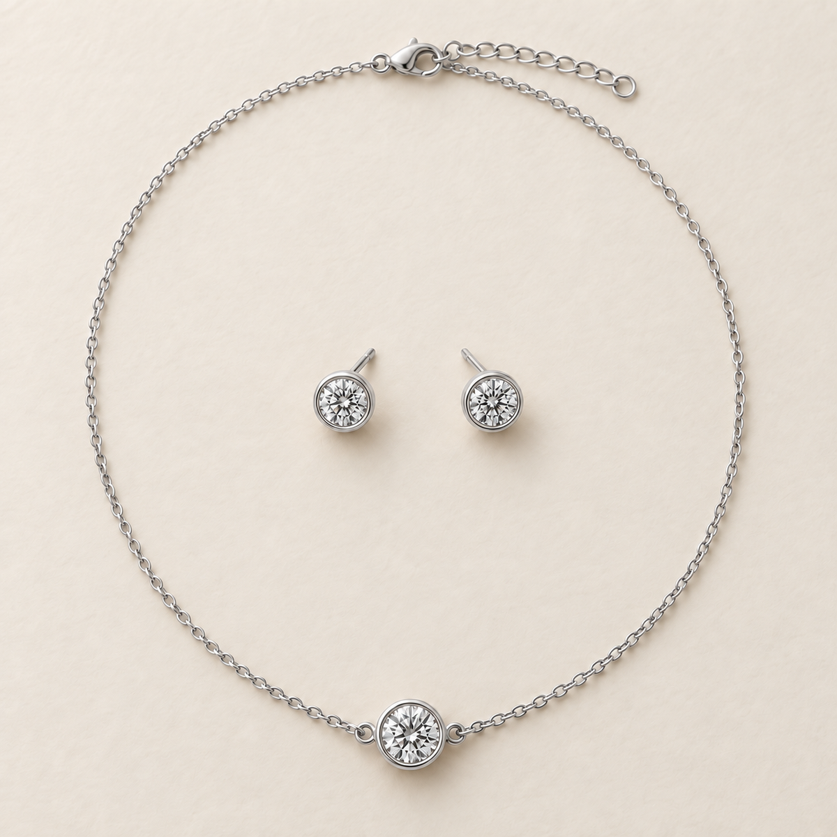 Amara Round Bezel Moissanite Necklace & Stud Set