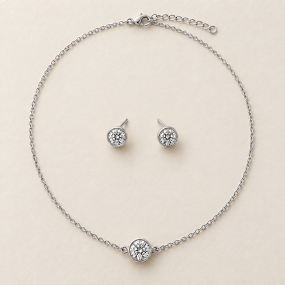 Amara Round Bezel Moissanite Necklace & Stud Set