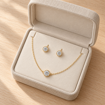 Amara Round Bezel Moissanite Necklace & Stud Set