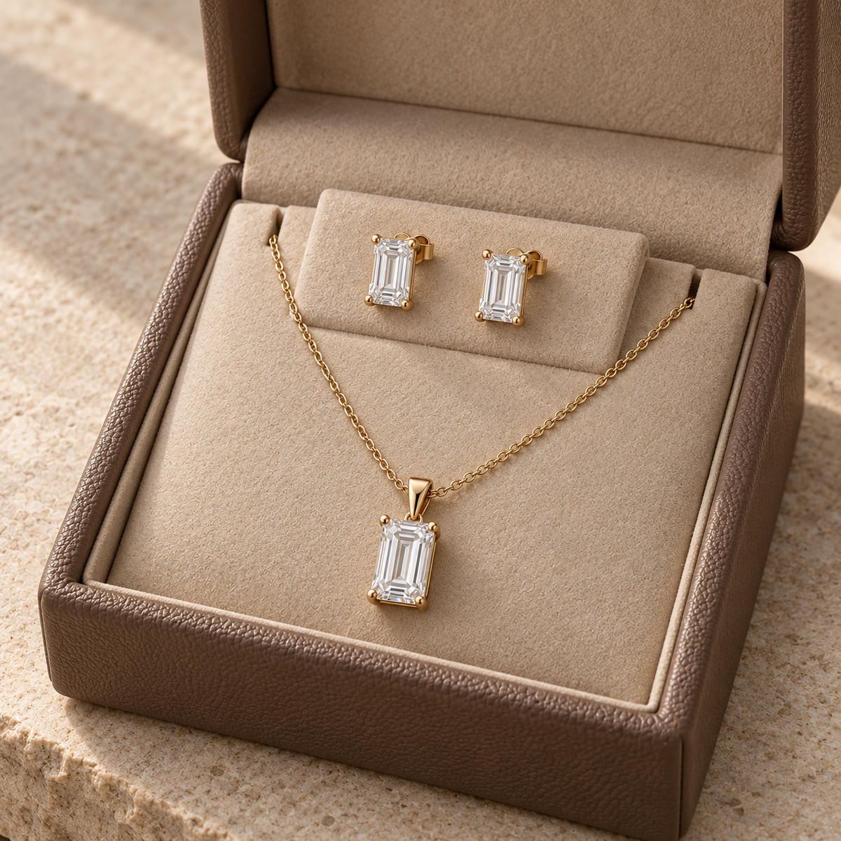 Odette Emerald-Cut Moissanite Necklace & Stud Set